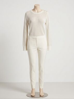 LOFT Cream Open-Knit Crew Neck Sweater with Shoulder Buttons